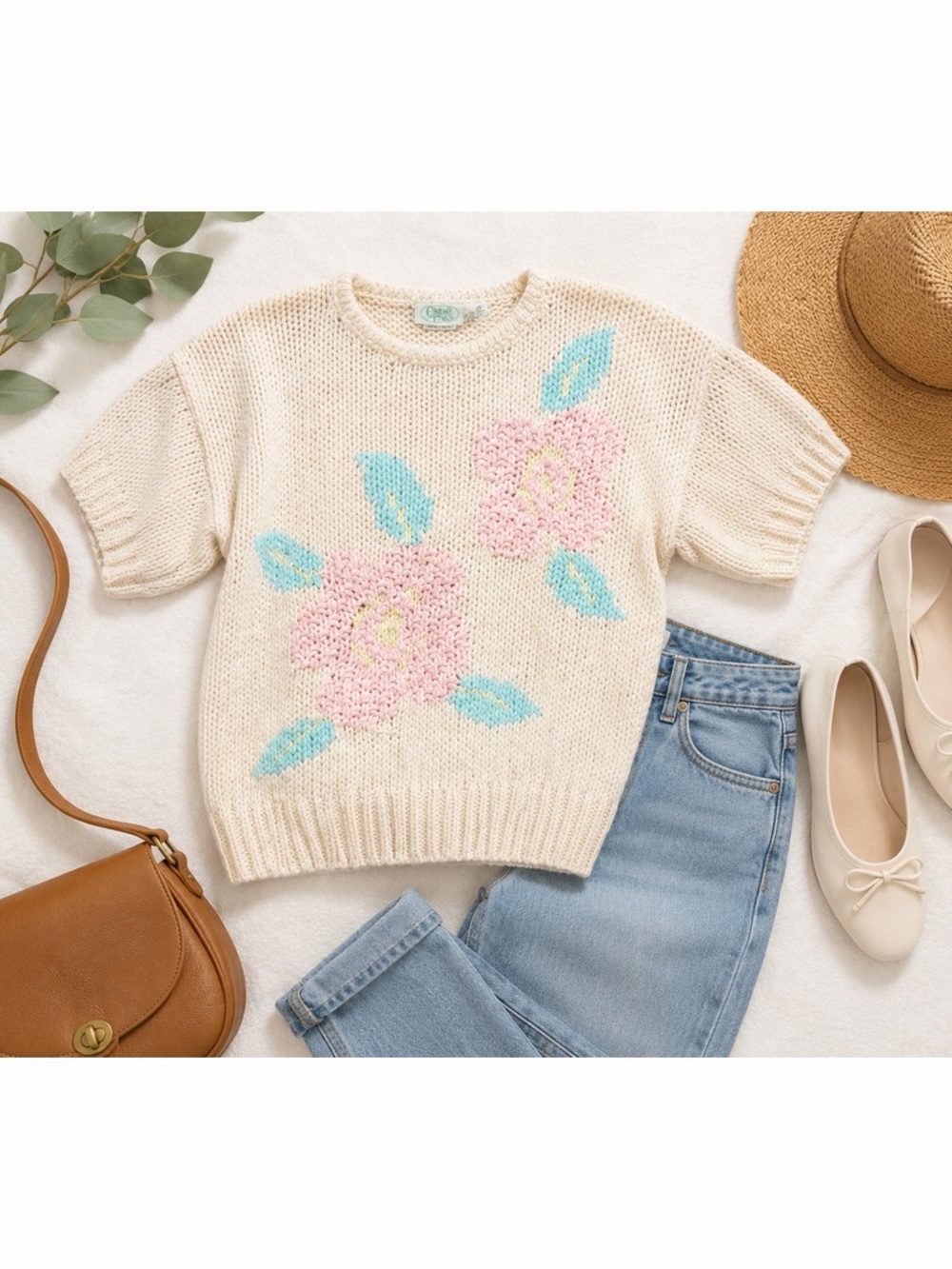 Chelsea Place Hand Knit Floral Sweater L Cream Pastel Pink Vintage Cottagecore